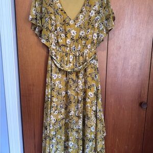 Show Me Your MuMu Mustard Floral V-Neck Midi Dress